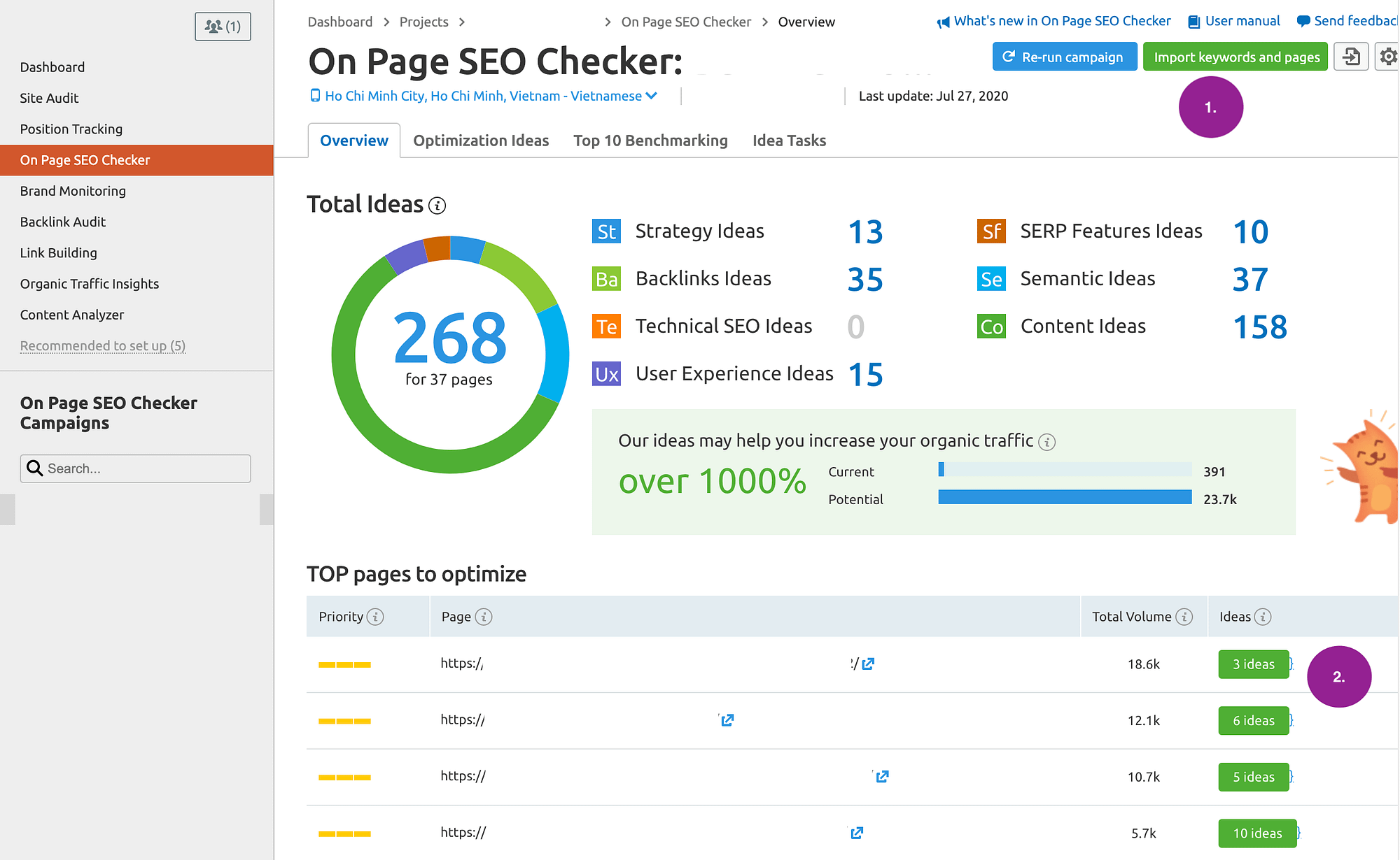 SEMrush On-page SEO recommendations